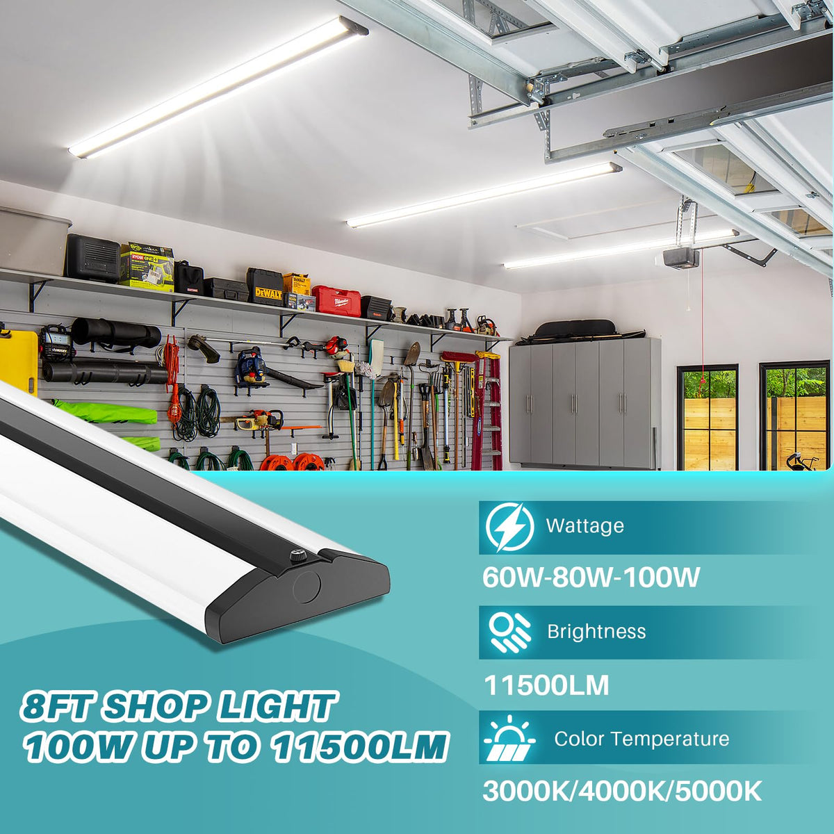 TychoLite 8FT LED Shop Lights, 100W 11500LM Ultra Slim Wraparound Light, 3000K/4000K/5000K CCT & 60W/80W/100W Selectable, Linkable 8 Foot LED Strip Fixture for Garage, Office, Warehouse, 4 Pack