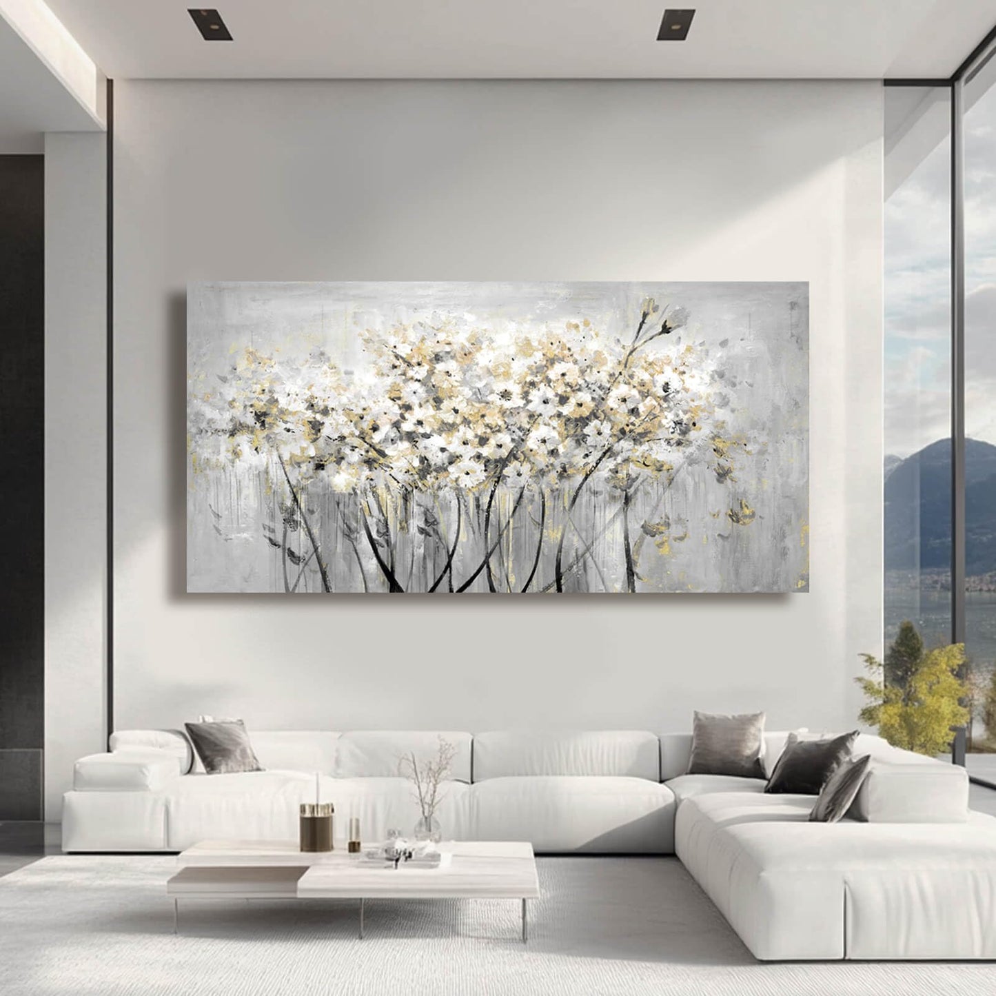 Flowers Canvas Wall Art White Paintings Grey Gold Contemporary Artwork Master Bedroom Wall Decor 29"x 58" Large Framed Art for Living Room Office Home Decor