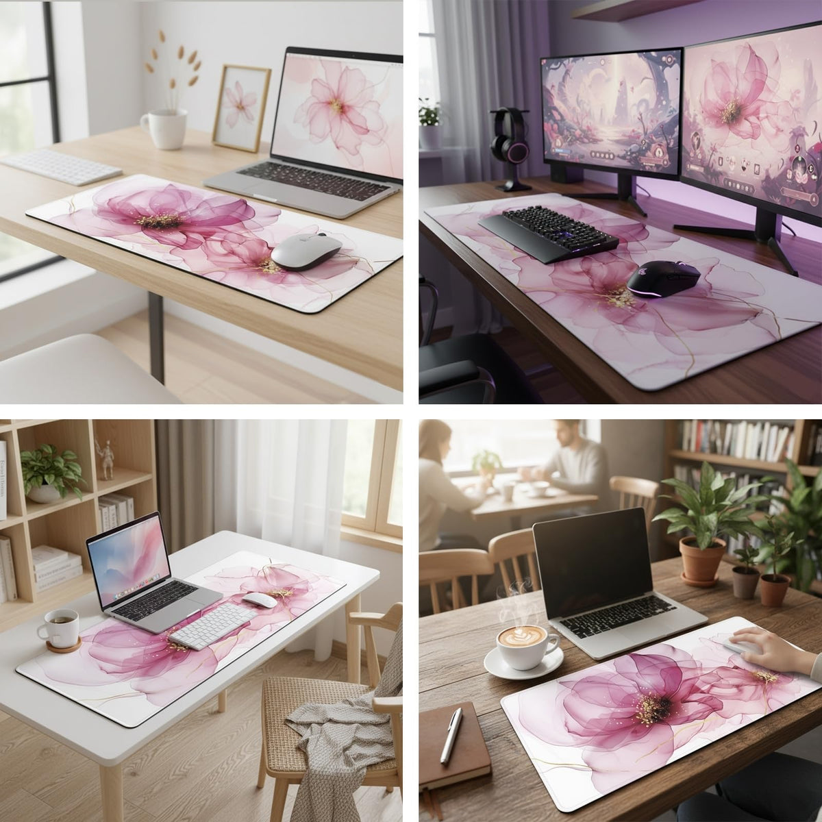 XXL Extended Gaming Mouse Pad (47.2 x 23.6 Inch), Giant Pink Floral Desk Mat for Full Coverage, Luxury Alcohol Ink Marble Design, Non-Slip Blotter, Premium Workspace Protector