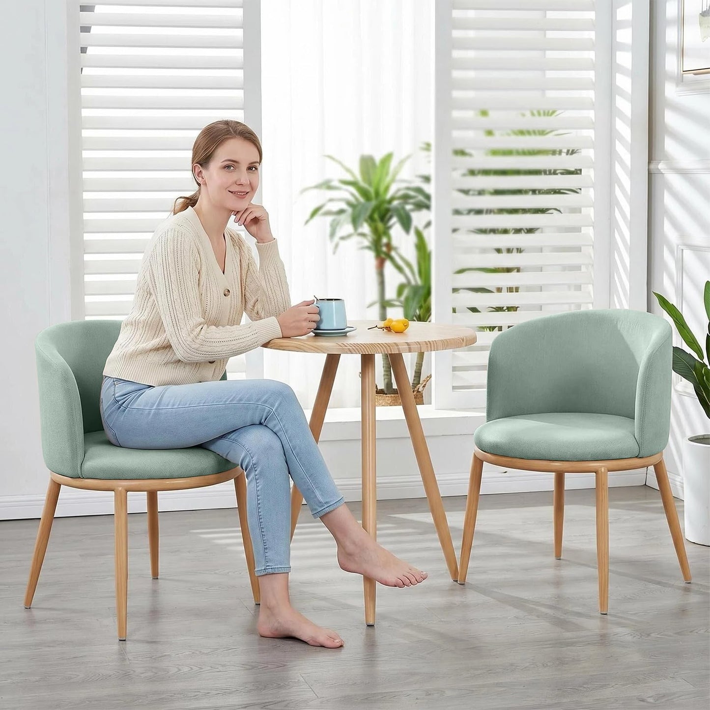 Bloomliving Round Dining Table Set, Upholstered Fabric Chairs with Padded Seat for 2, Modern Nordic Furniture with Sturdy Stainless Steel Legs, Easy to Assemble for Home Office Bistro (Green)