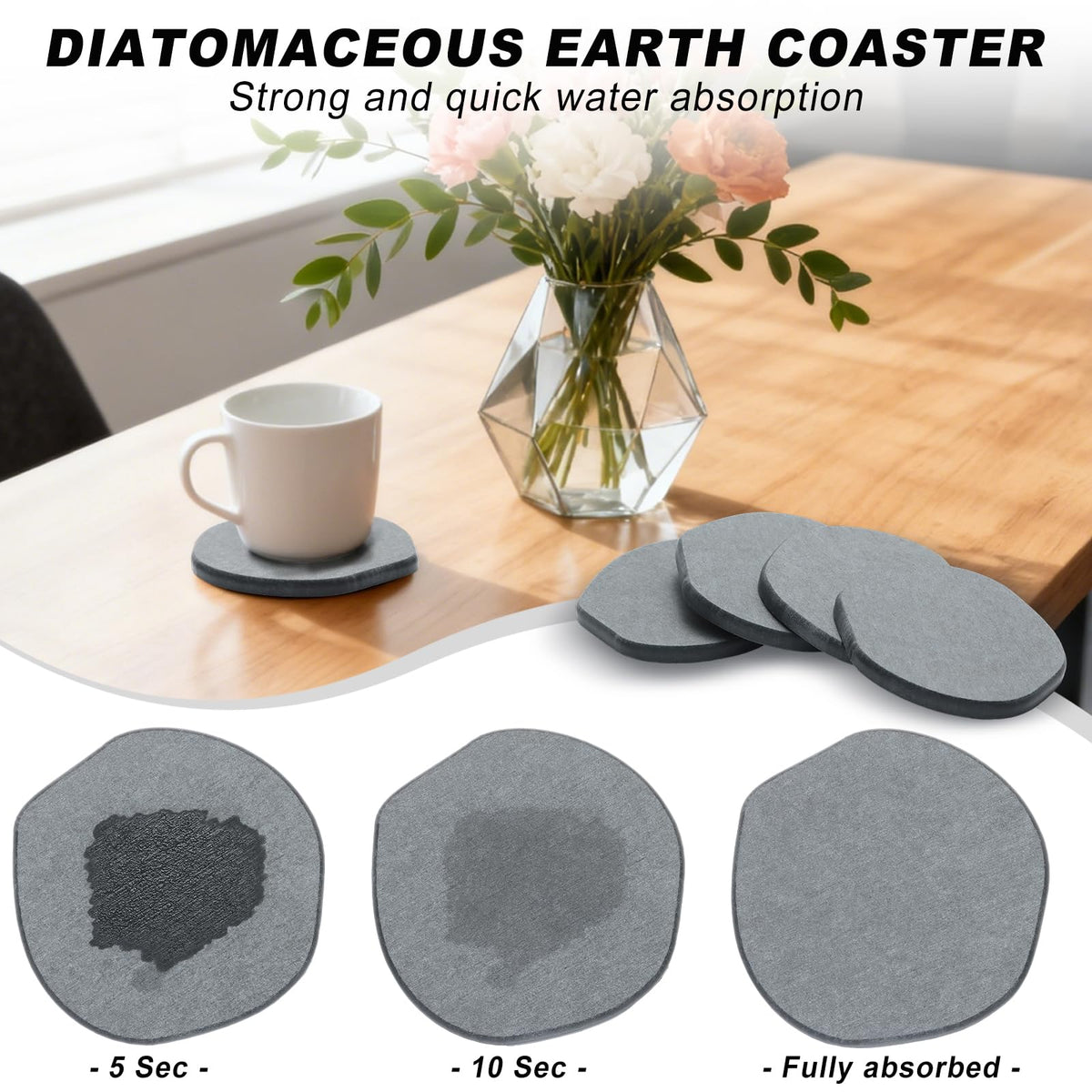 Azhou 6Pcs Absorbent Diatomaceous Earth Coasters Set with Holder - 4 Inch Quick-Dry Stone Coasters with Scratch-Resistant Surface & Velvet Base, Reusable Home Decor for Coffee Bar, Office Desk