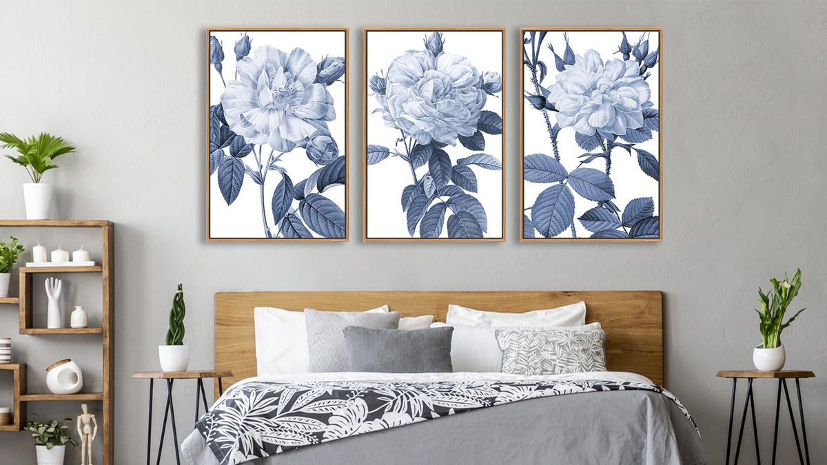 Large Framed Canvas Wall Art - Natural Float Framed Blue Gray Flowers Pictures Decor Rustic Blossom Leaves Botanical Artwork for Living Room Bedroom Kitchen Home Office Decoration 60" X 28" Set of 3