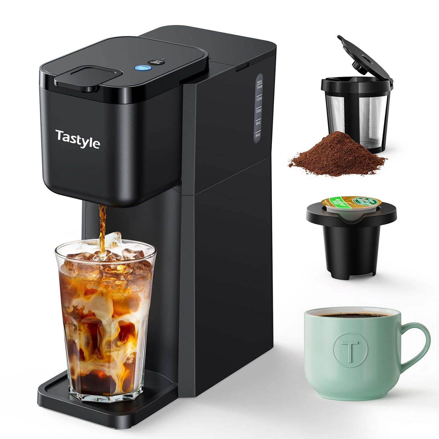 Tastyle Mini Hot and Iced Coffee Maker Single Serve, for K Cup and Ground, 6 to 14 Oz Brew Sizes, with Recipe Book, for Home, Travel, RV, Office and Dorm,Classic Black (2.0 Version)