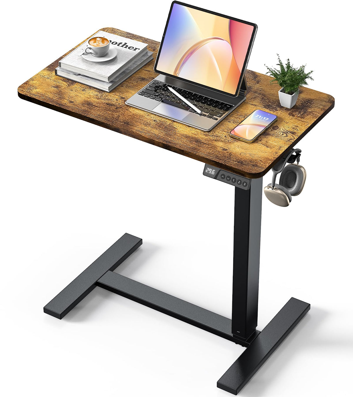 YOLEZO Overbed Bedside Table with Wheels, Electric Standing Desk Adjustable Height, Small Computer Desk for Home Office, Rolling Laptop Desk for Bed, Sofa, or Hospital Use (28"x16",Rustic Brown)