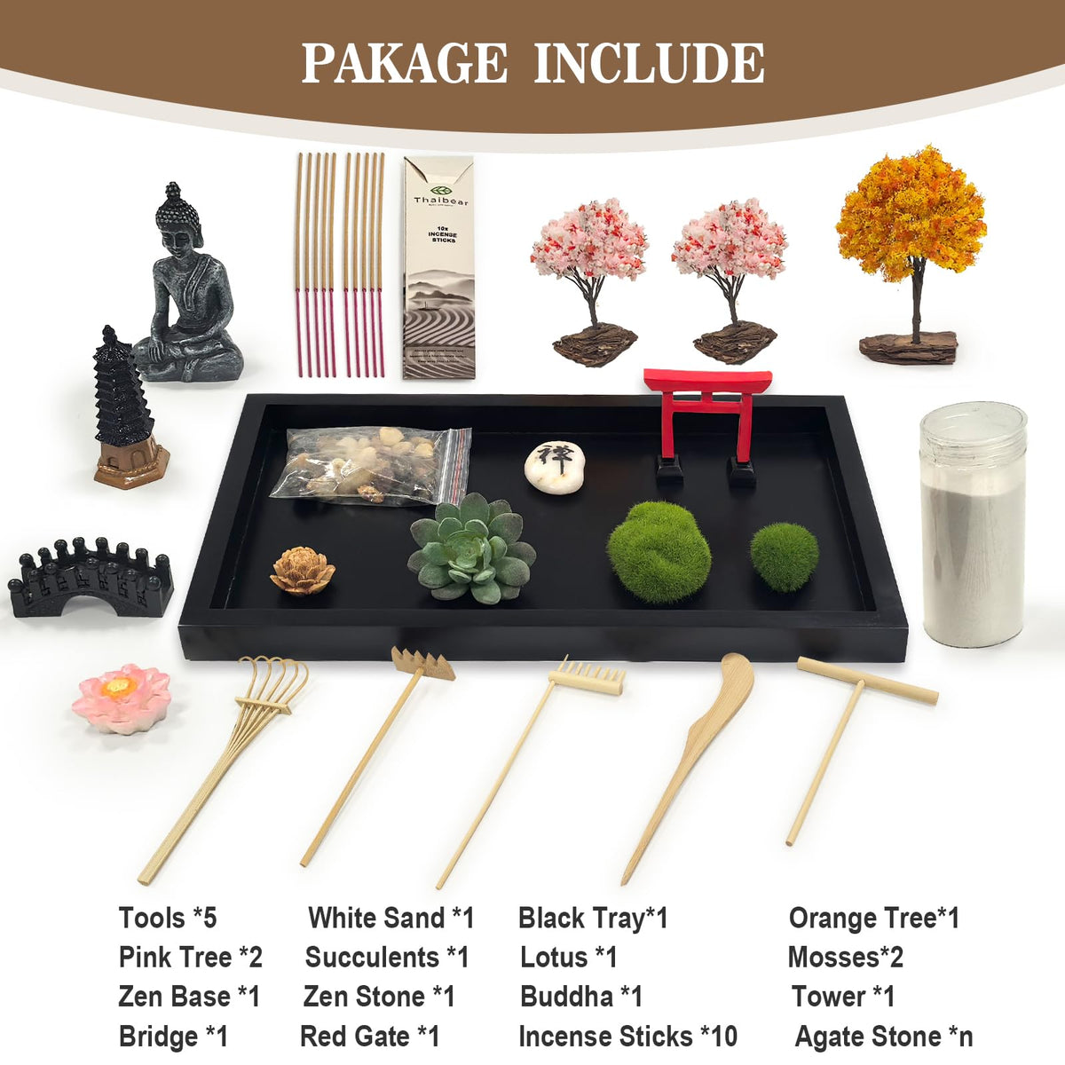 Zen Garden for Desk Decor - Premium Beautiful Japanese Mini Zen Sand Garden Kit Box for Home, Office Desk with Black Wooden Tray, White Sand, Tools, Red Gate, Buddha - Desktop Set