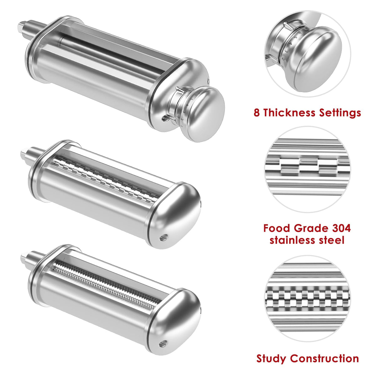 Pasta Maker Attachment for All Kitchenaid Stand Mixers, 3 PCS Kitchen Aid Pasta Attachments Included Pasta Dough Roller, Fettuccine Cutter, Spaghetti Cutter and Cleaning Brush
