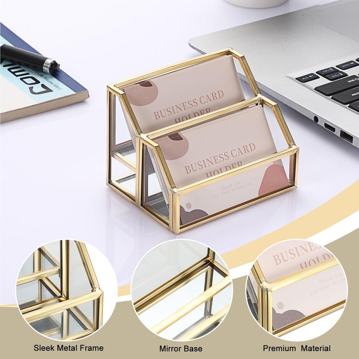 Hipiwe Glass Business Card Holder 2 Slots Gold Business Card Stand Mirrored Base Name Display Holder for Desk Multiple Clear Business Card Holder Display for Office