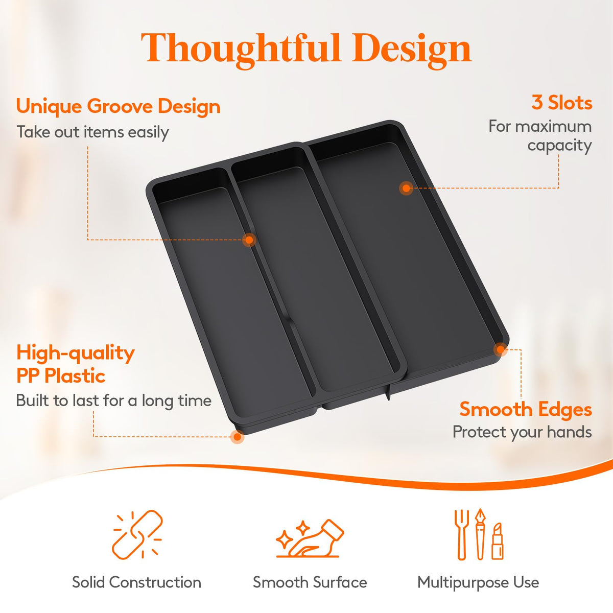 Lifewit Utensil Organizer for Kitchen Drawer, Expandable Cooking Silverware Tray, Adjustable Cutlery Flatware Holder, Plastic Spatula Tools Storage Divider, 14.4 x 15.8", Black