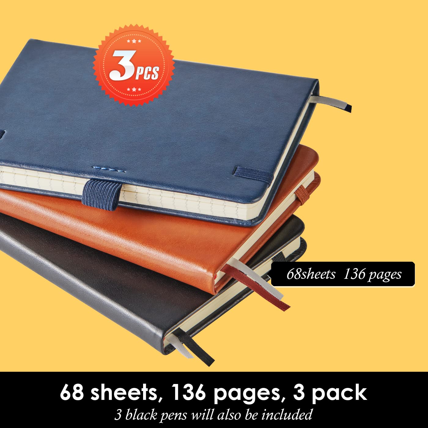 NIRMIRO 3 Pack Pocket Notebook Journals, Small Notepad Notebooks for Note Taking, A6 Mini Note pads with Pen Holder, 408 Lined Pages, 3.7" x 5.7", Black, Brown, Blue