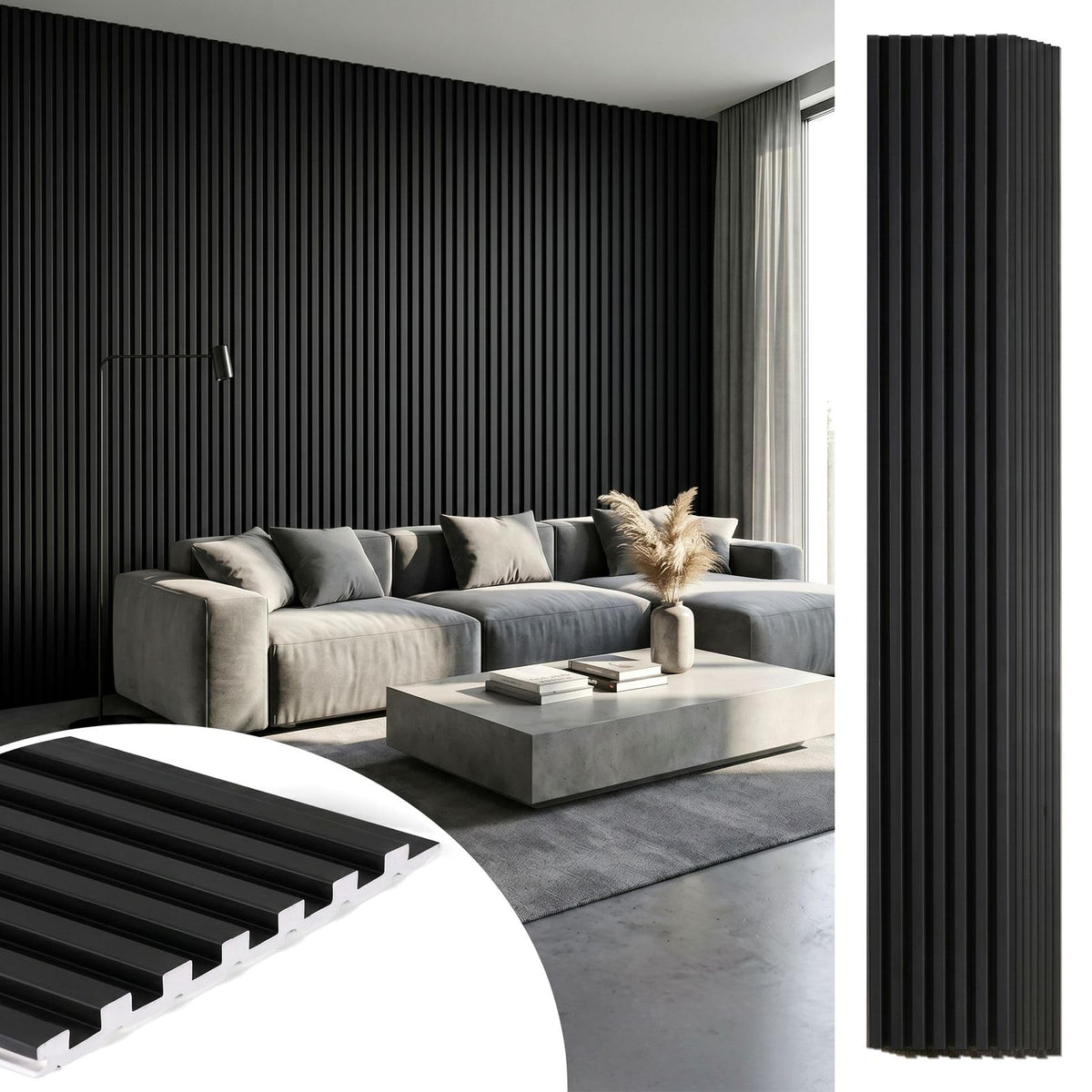 LARWORKS WPC Acoustic Slat Wall Panels 8-Pack 96'' x 6'', Accent 3D Wall Panel for Interior Wall Decor, Waterproof Fluted Textured Panel Wall Slats,Solid Black (Cover Approx.32 sq.ft)