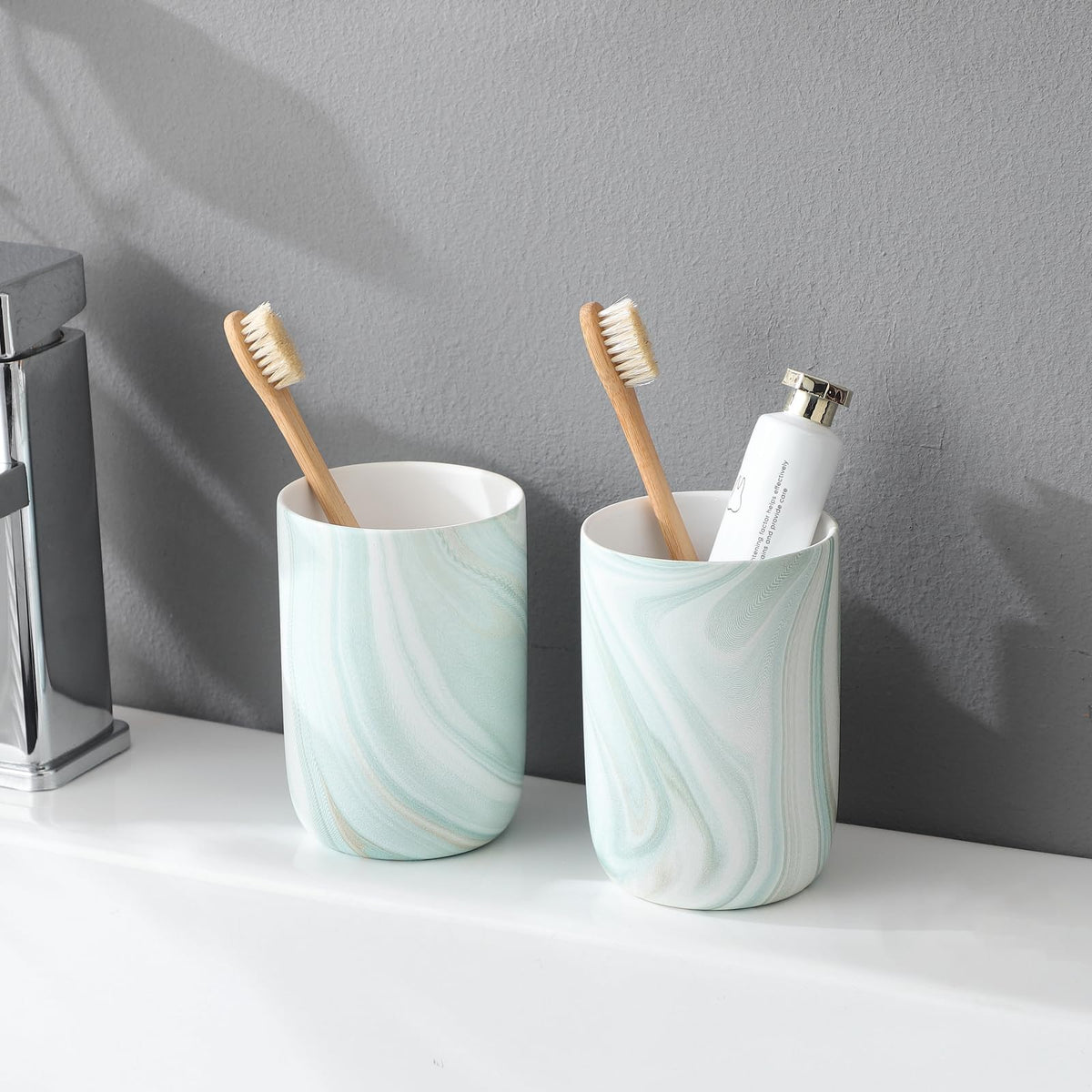 Green Marble Toothbrush Holders - Ceramic Toothbrush Holders for Bathrooms, Toothbrush Toothpaste Holders, Marble Bathroom Tumbler Cups Reusable Toothbrush Mouthwash Cup, Bathroom Counter Organizer