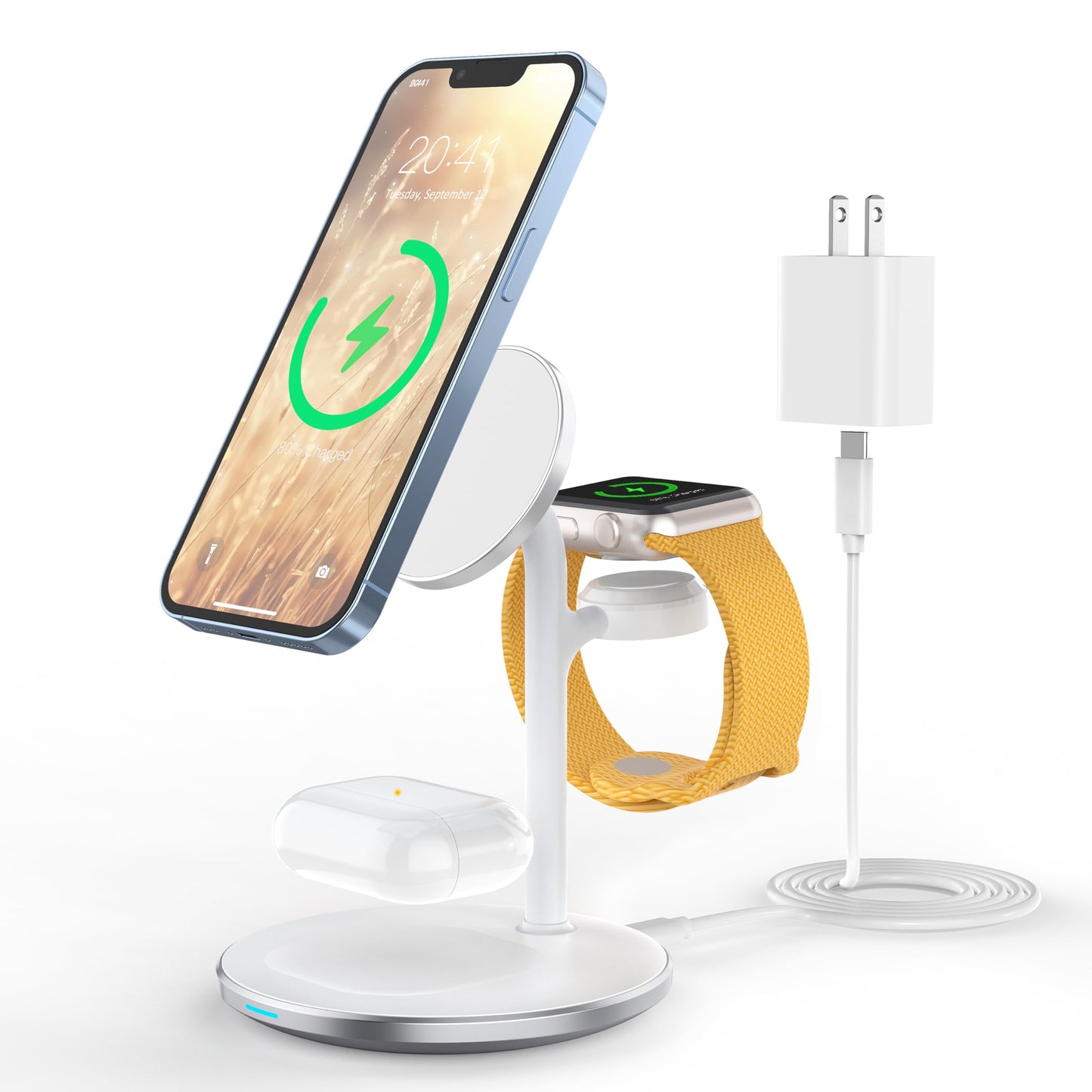 XooFly 3 in 1 Wireless Charging Station for Apple Devices, Fast Wireless Mag-Safe Charger Stand with 20W Adapter for iPhone 17 16 15 14 13 12 Pro Max/Air/Plus/Pro,iWatch,AirPods-Gift for Wife&Husband