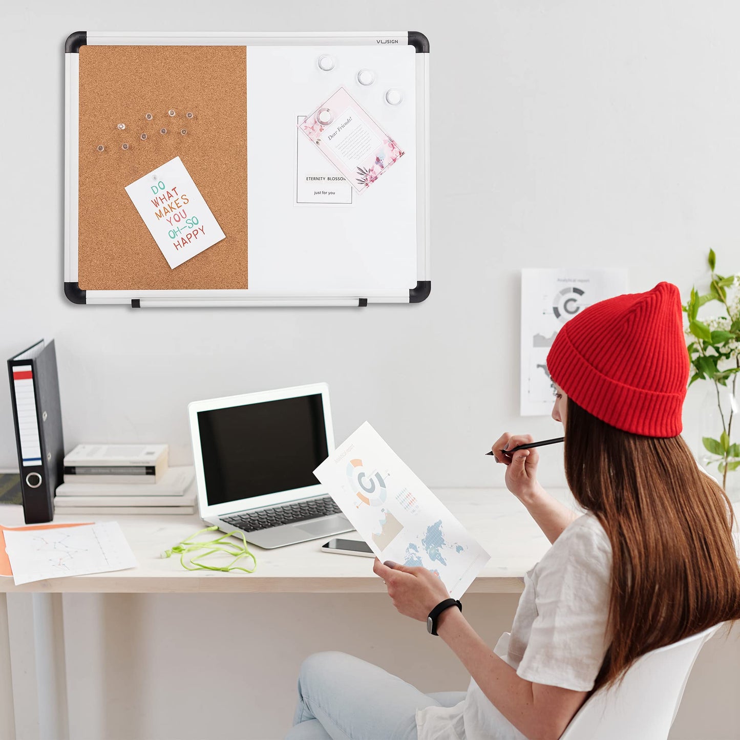 VUSIGN White Board and Cork Board Combination, 17" x 23" Dry Erase Board and Corkboard Combo for Home or Office, Wall Mounted Notice Bulletin Board with Aluminum Frame