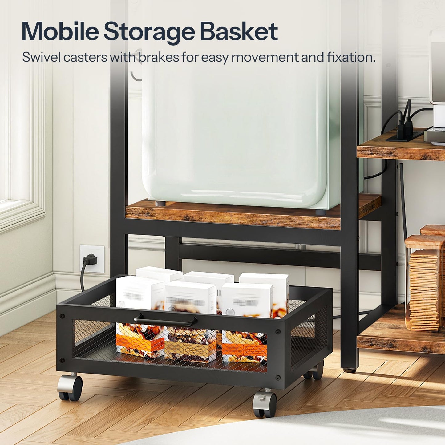 HOOBRO Bakers Rack with Mini Fridge Stand, Microwave Stand with Movable Basket, 3-Tiers Coffee Bar Station with Power Outlet, Kitchen Storage Shelf for Kitchen, Dorm, Rustic Brown and Black BF38UHB01