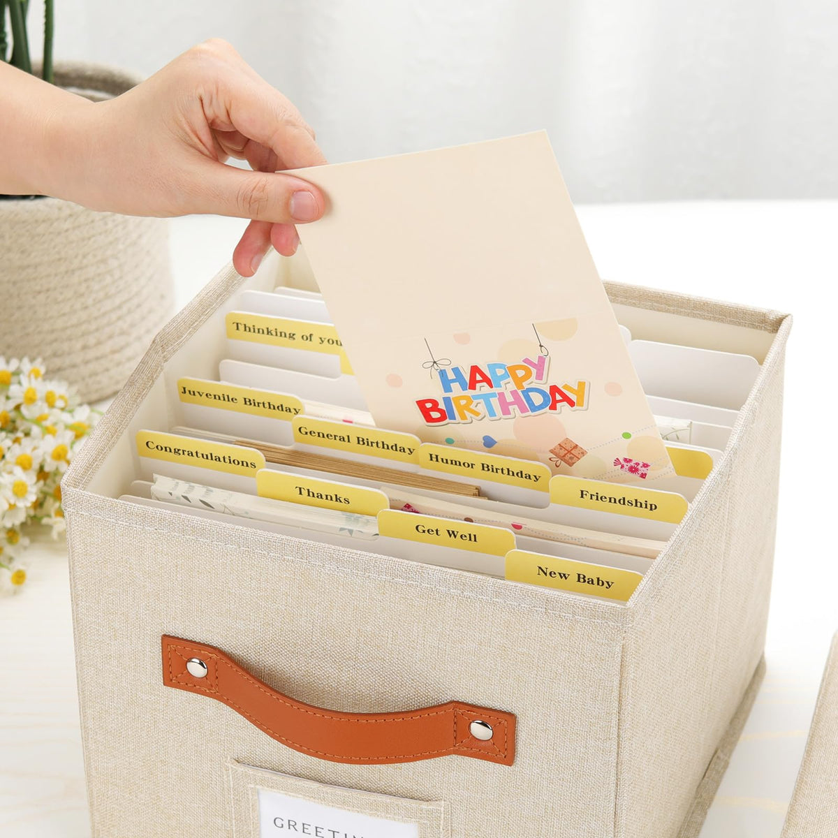 TARSUKA Greeting Card Organizer with dividers - Storage Box with lid Holds 150+ Cards - Assortment Box for Greeting Cards,Recipes, Photos, Envelopes, Keepsake - 9 x 9 x 7 Inches (Beige, 1 pcs)
