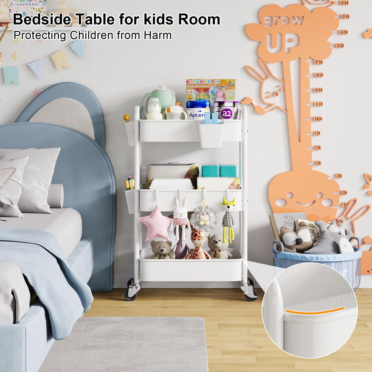 3 Tier Rolling Cart Metal with Wheels, White Three Tiered Craft Cart Organizer on Wheels, Storage Utility Carts for Art, Baby Nursery,Diaper Caddy, Cleaning Supplies, Nail,Lash,Snack,Book,Roller Shelf