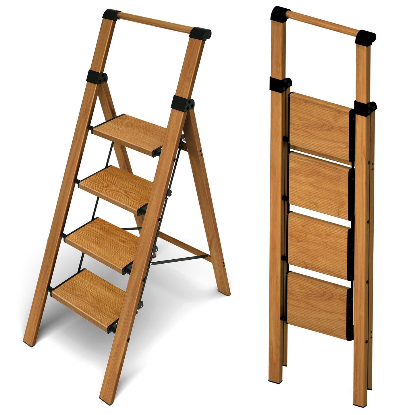 Taranta 4 Step Ladder, Portable Folding Ladder with Wide Pedal, Lightweight Aluminum Step Stool with Convenient Handgrip, 330 lbs Capacity Stepladder for Home, Office - Woodgrain