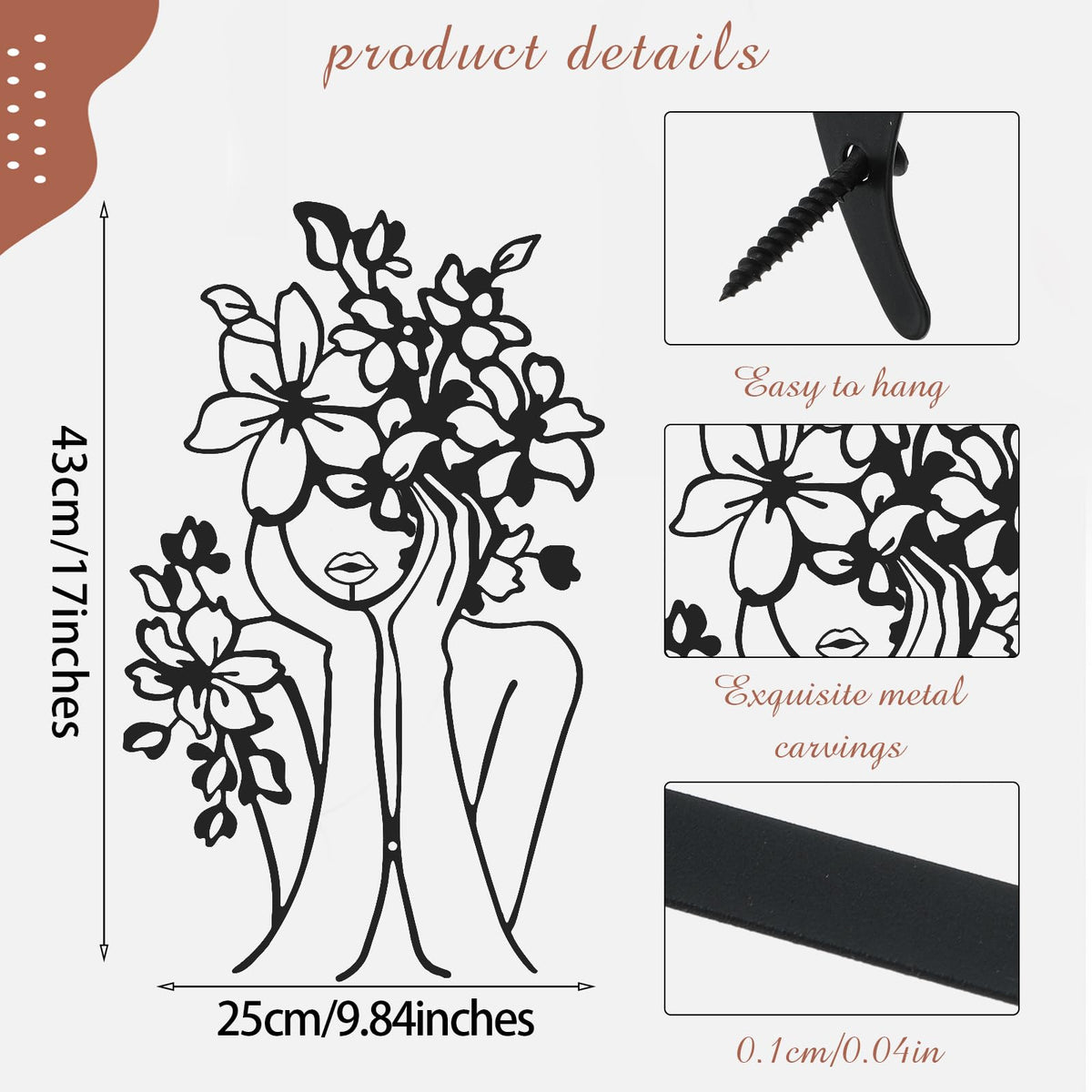Therwen 4 Metal Wall Art Decor Minimalist Abstract Woman Single Line Drawing Wall Art Female Home Decor Hanging Art Print for Bedroom Bathroom Living Room, Black 17 x 10 in(Stylish Style)