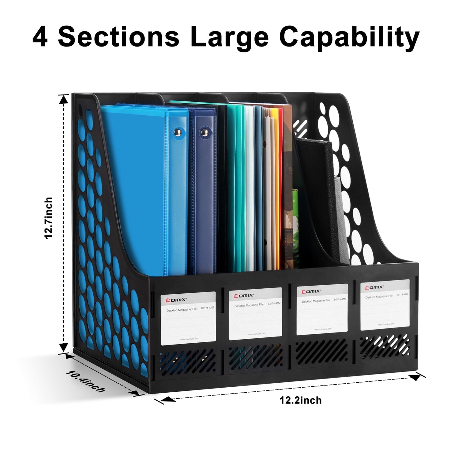 Comix Magazine File Holder Rack/Vertical Desktop File Organizer - Plastic Desk Organizer for Files, Folders, Books - 4 Compartment Binder Organizer - Black