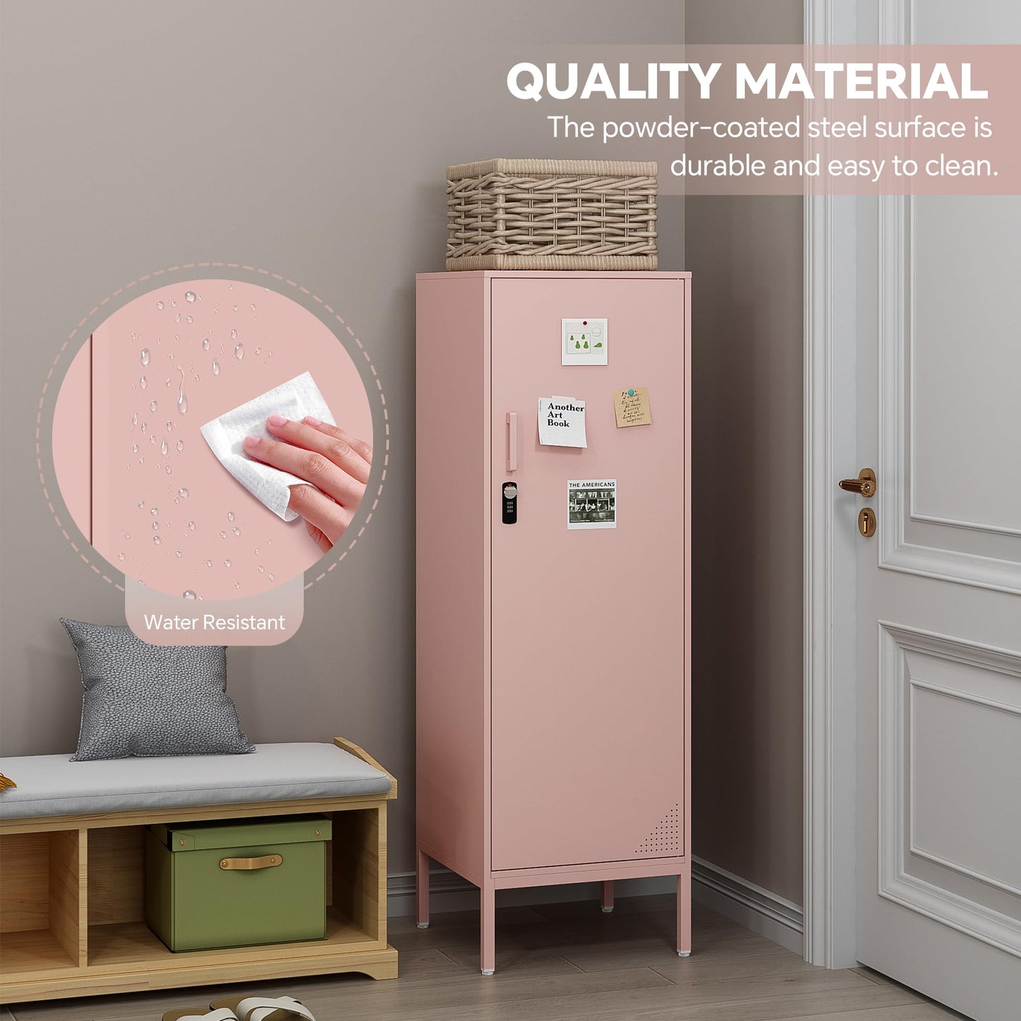 Steehoom Metal Locker Cabinet with Lock Single Door Bathroom Storage Cabinet Changing Room Locker for Home, Office, School, Gym, Garage (Pink, 15.75" D x 15.75" W x 49.21" H)