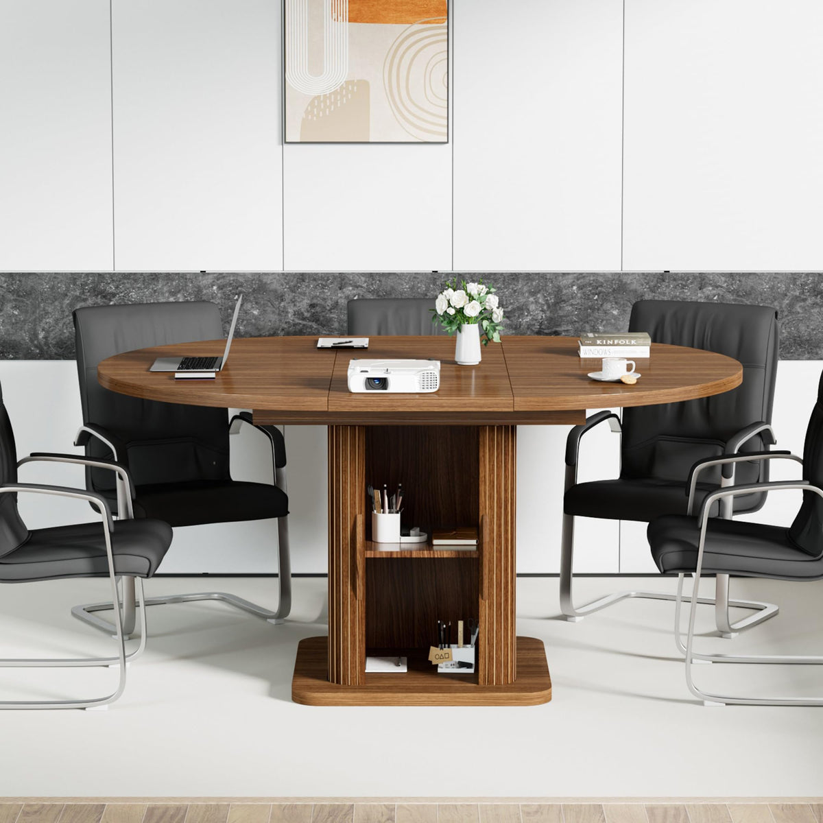 Extendable Round Conference Table for 4-8 People, 43in-59in Modern Oval Meeting Room Table with Storage, Fluted Wood Slide Doors, Small Compact, Office, Training, Conference Room, Walnut