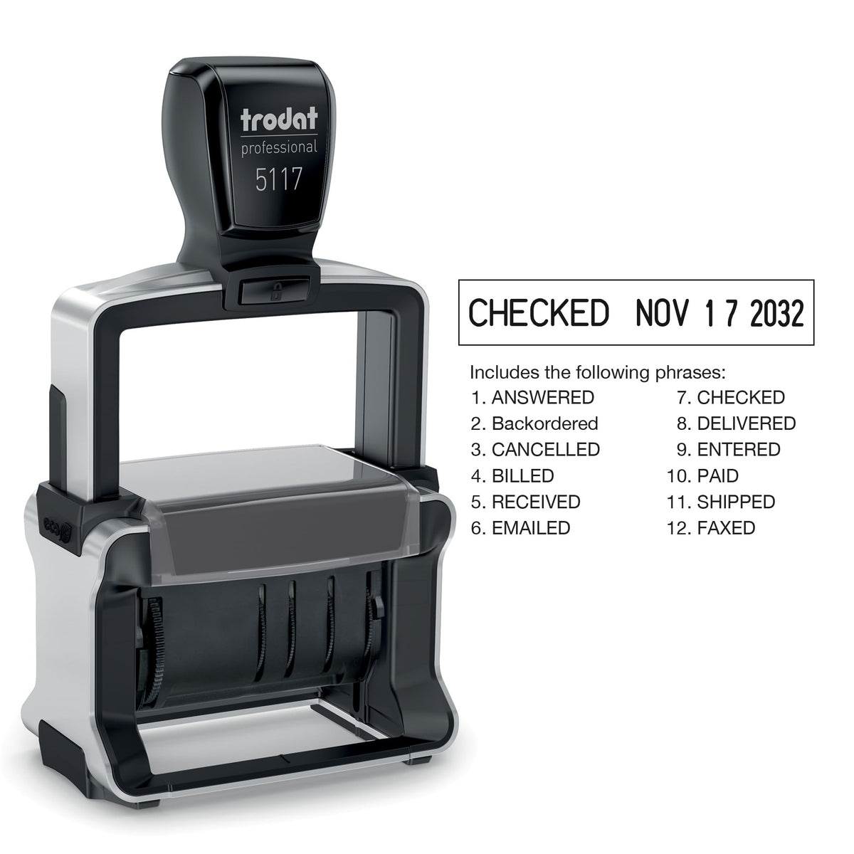 Trodat Professional 5117 12-Message Stamp, Dater, Self Inking, 2-1/4" x 3/8", Black
