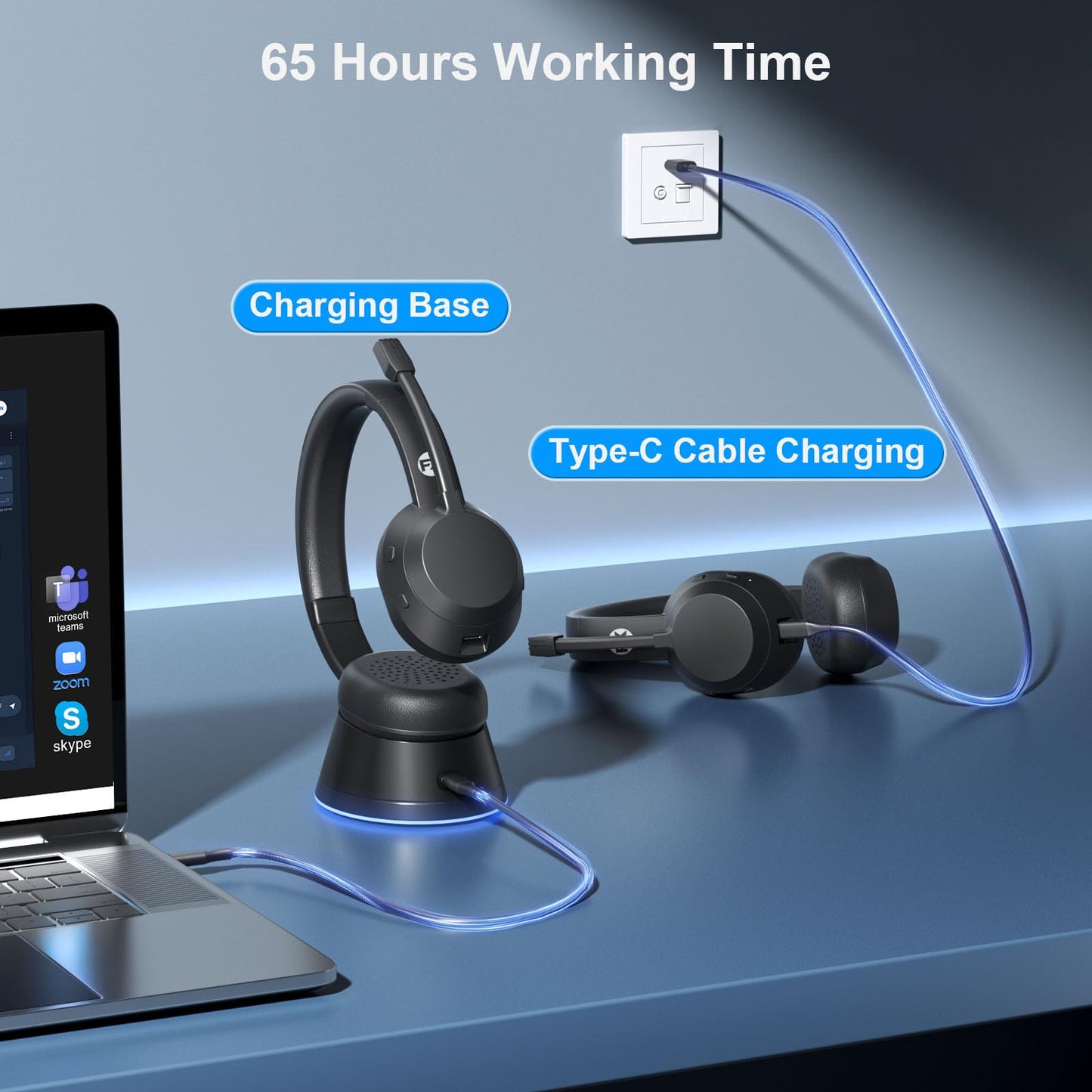 FXWONTY Wireless Headset, Bluetooth Headphones with Mic(AI Noise Cancelling), 65 Hrs Working Time with USB Dongle, Wireless Headset with Mic for Work from Home/Computer/Laptop/PC/Android