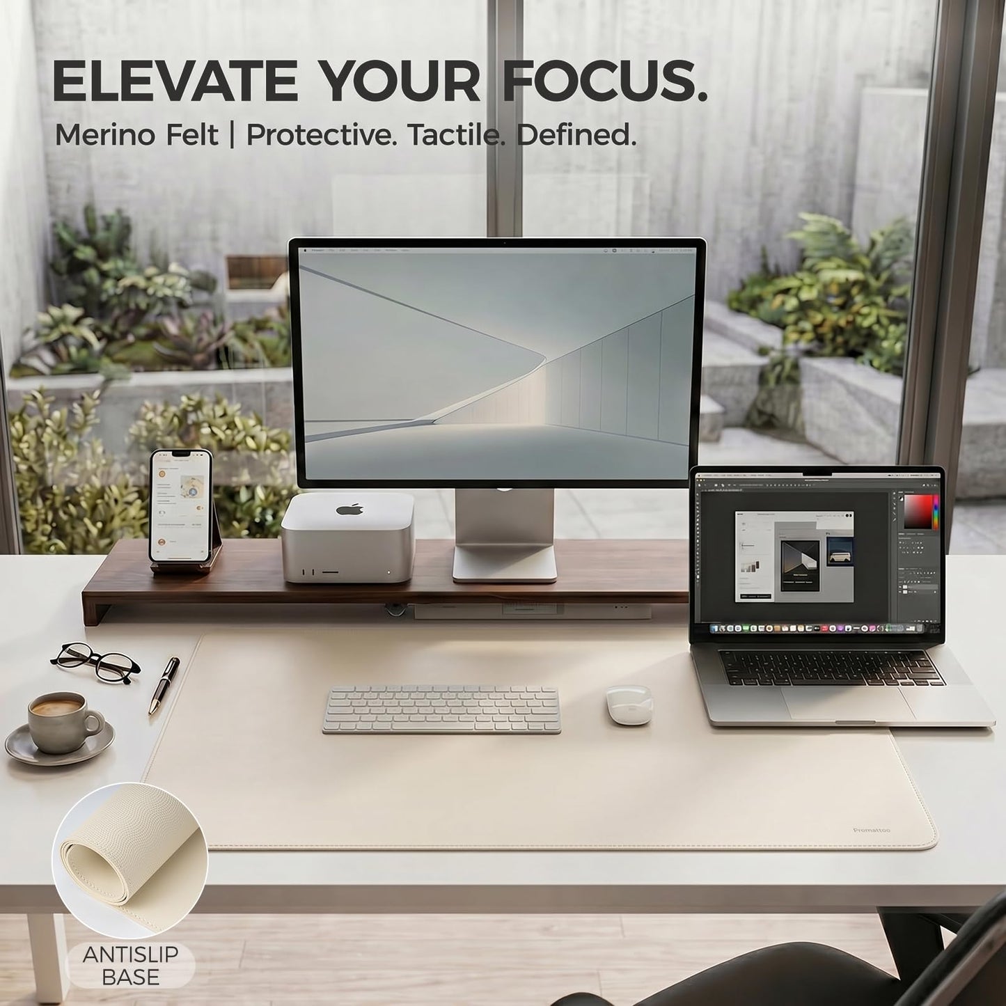 PROMATTOO Large Desk Pad Non-Slip Desk Mat Protector for Keyboard Mouse Waterproof Vegan Leather Surface Faux Leather Laptop Mat Smooth Mouse Pad Premium Gift Tube Creamy White 35" x 17"
