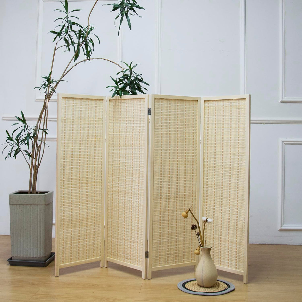 Furnnylane 4 Panel Short Room Divider Screen,Beige Freestanding Partition,Small Bamboo Panel Divider for Room Seperation,3.95 FT Tall