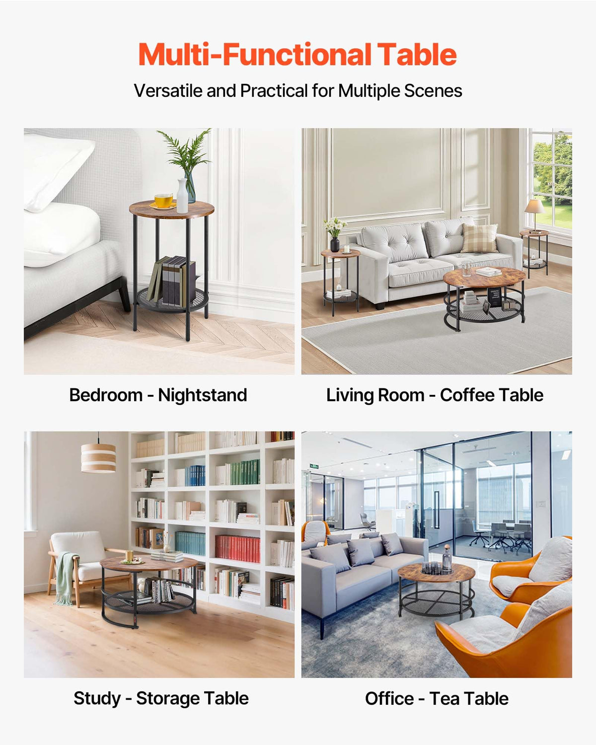 VEVOR 3 Pieces Round Coffee Table Sets, 31.5 in Industrial Living Room Table with 2 End Side Tables, Easy Assembly Coffee and End Tables Sets with Metal Legs, for Office, Living Room and Apartment