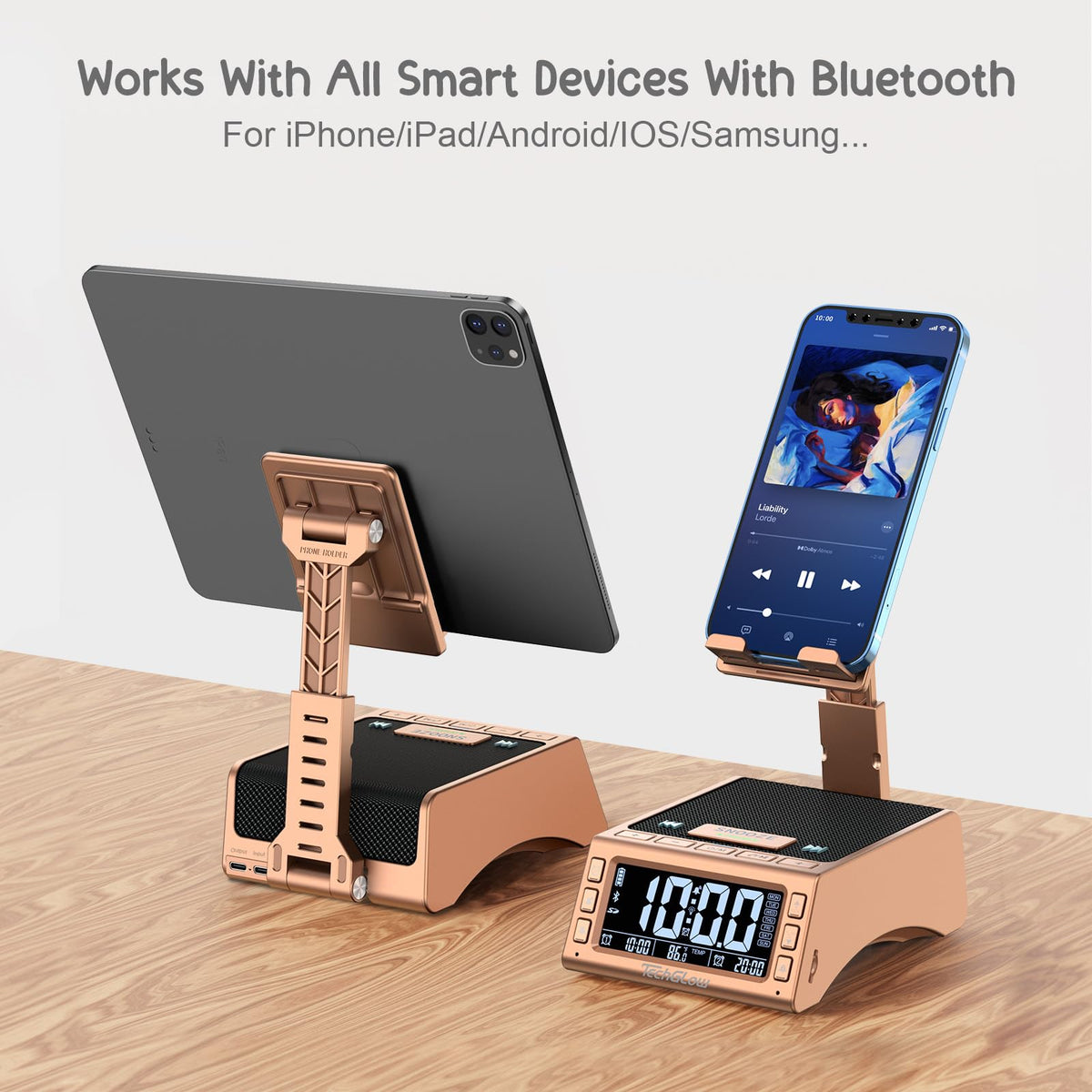 TechGlow Foldable Cellphone Stand with Bluetooth Speaker Charging Station Birthday Gifts for Men Women Mother Father Boy Girl Teens Cool Tech Gadgets-Rose Gold