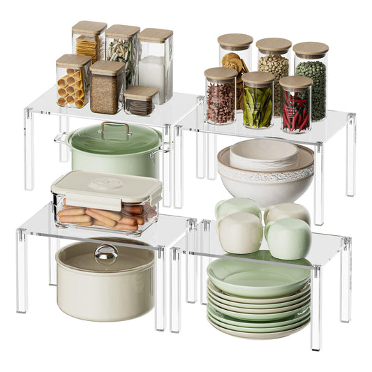 YUNEASELF Clear Cabinet Organizer: Acrylic Shelf Riser Set of 4 for Kitchen Pantry Organizers and Storage - Countertop Spice Rack for Cabinet - Stackable Display Shelf Decor for Gift
