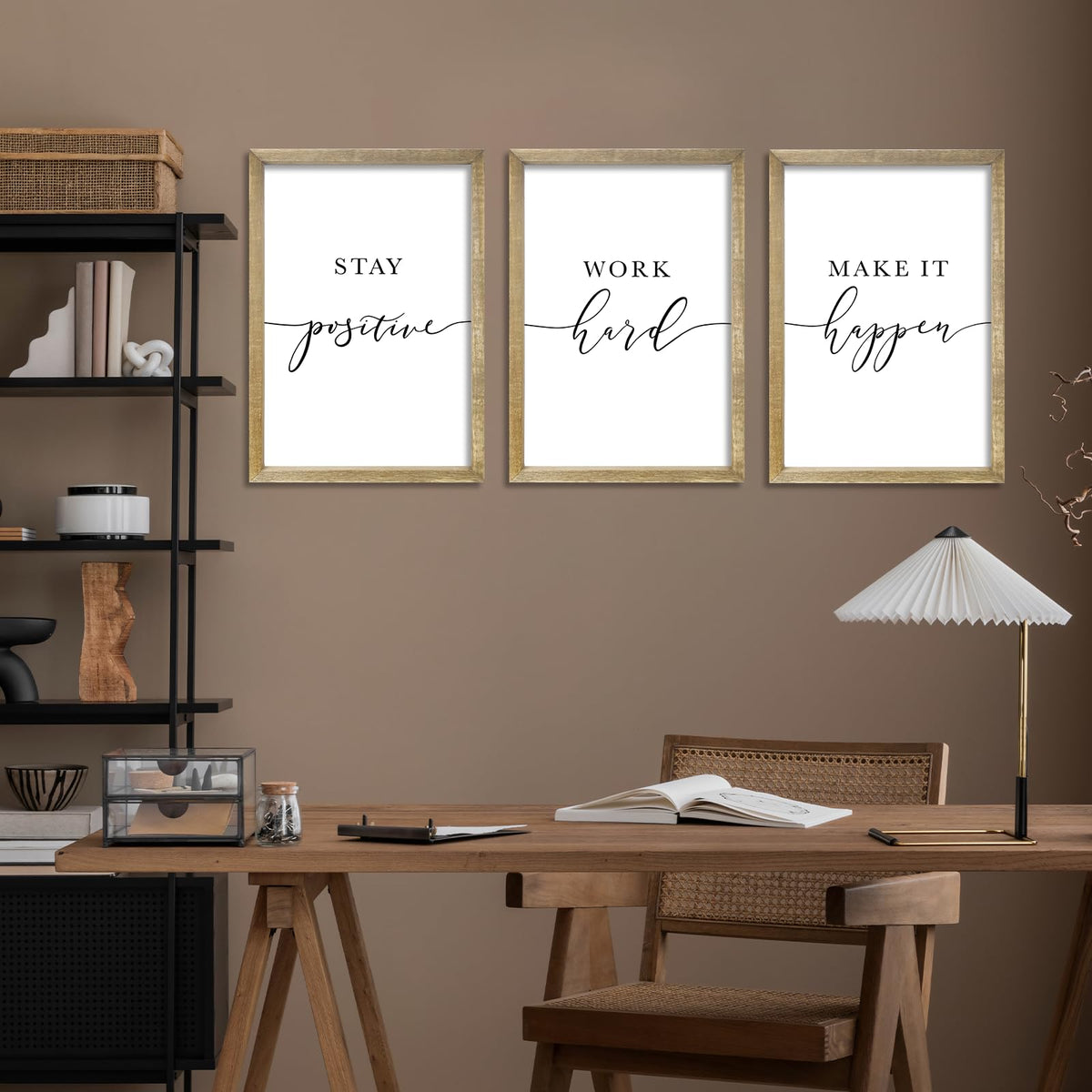 RLWangChao Inspirational Quotes Wall Art Decor 11"X16" 3 Piece Modren Office Stay Positive Work Hard Make It Happen Motivational Wood Framed Sign Living Room Positive Wall Hanging Decoration (Wood)