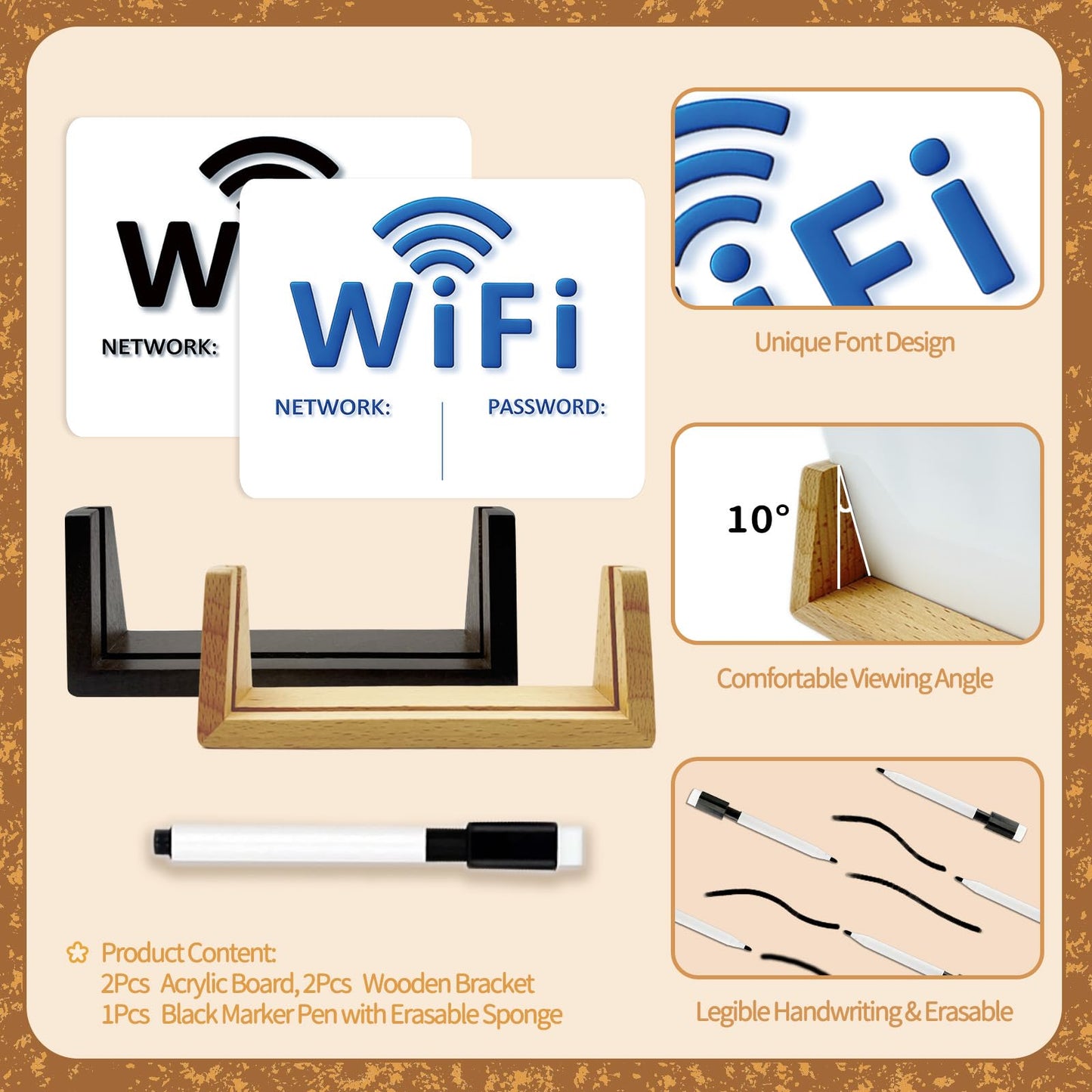 2 Pack Wifi Signs for Guests - Blue & Black Font Wifi Sign with Wooden Base - Custom Wifi Password Sign for Home, Office, Cafe, with 1 Sponge Erasable Marker Pen (6.4" x 4.8")