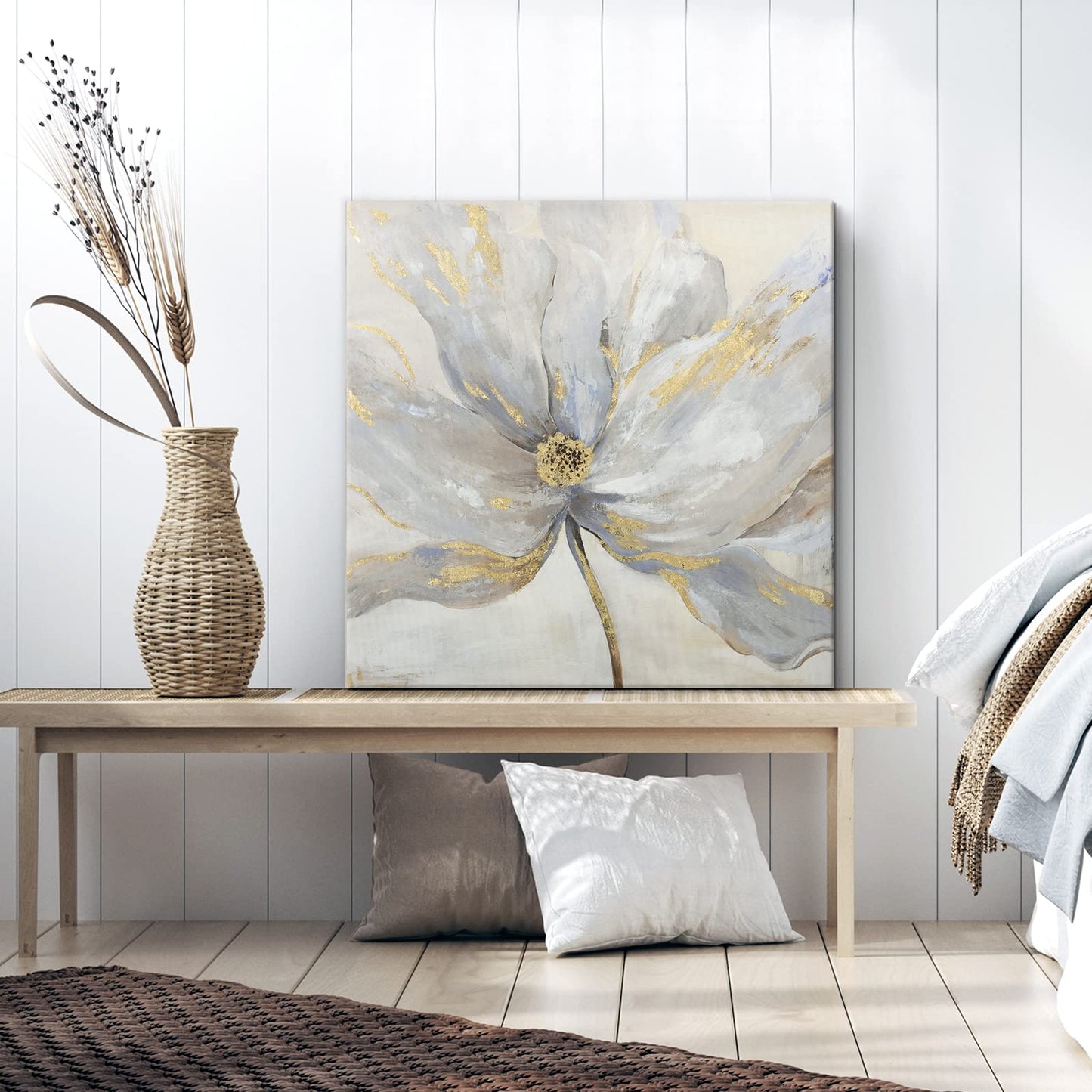 Goldfoilart Floral Wall Art Gold Flower Canvas Pictures with Foil Embellishment Painting Grey Print Framed Artwork for Bedroom Bathroom Living Room Office Wall Decor 24" x 24"