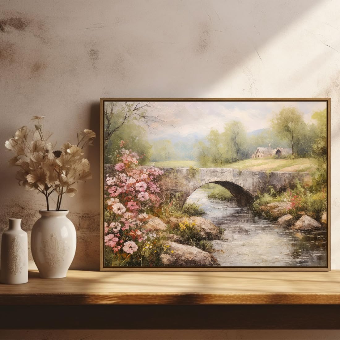 Gardenia Art Framed Country Landscape Wall Art Prints Mountain Bridge River with Blooming Flowers Wall Pictures Spring Scene Canvas Painting Nature View Artwork for Farmhouse Bedroom Home Office Decor