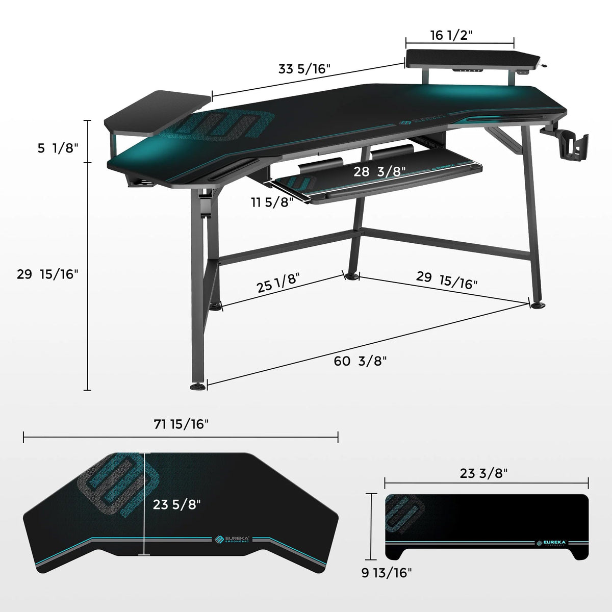 EUREKA ERGONOMIC Aero 72 Inch Gaming Desk with Keyboard Tray, Large Computer Desk Led Lights, Wing-Shaped Monitor Stand Dual Headphone Hanger Cup Holder for Studio,Streamer,Live,Black