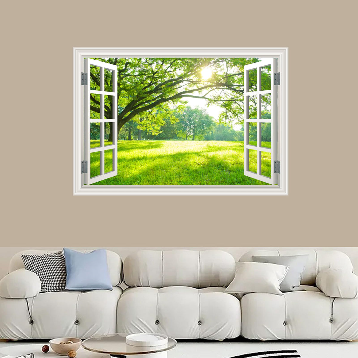 Natural Scenery Spring Green Forest Tree Scene Wall Art Poster Fake Window Wall Mural Faux Window Wall Sticker for Office Home Room Decor, Peel and Stick Wall Decals 48" x 66" Set of 4 Sheets