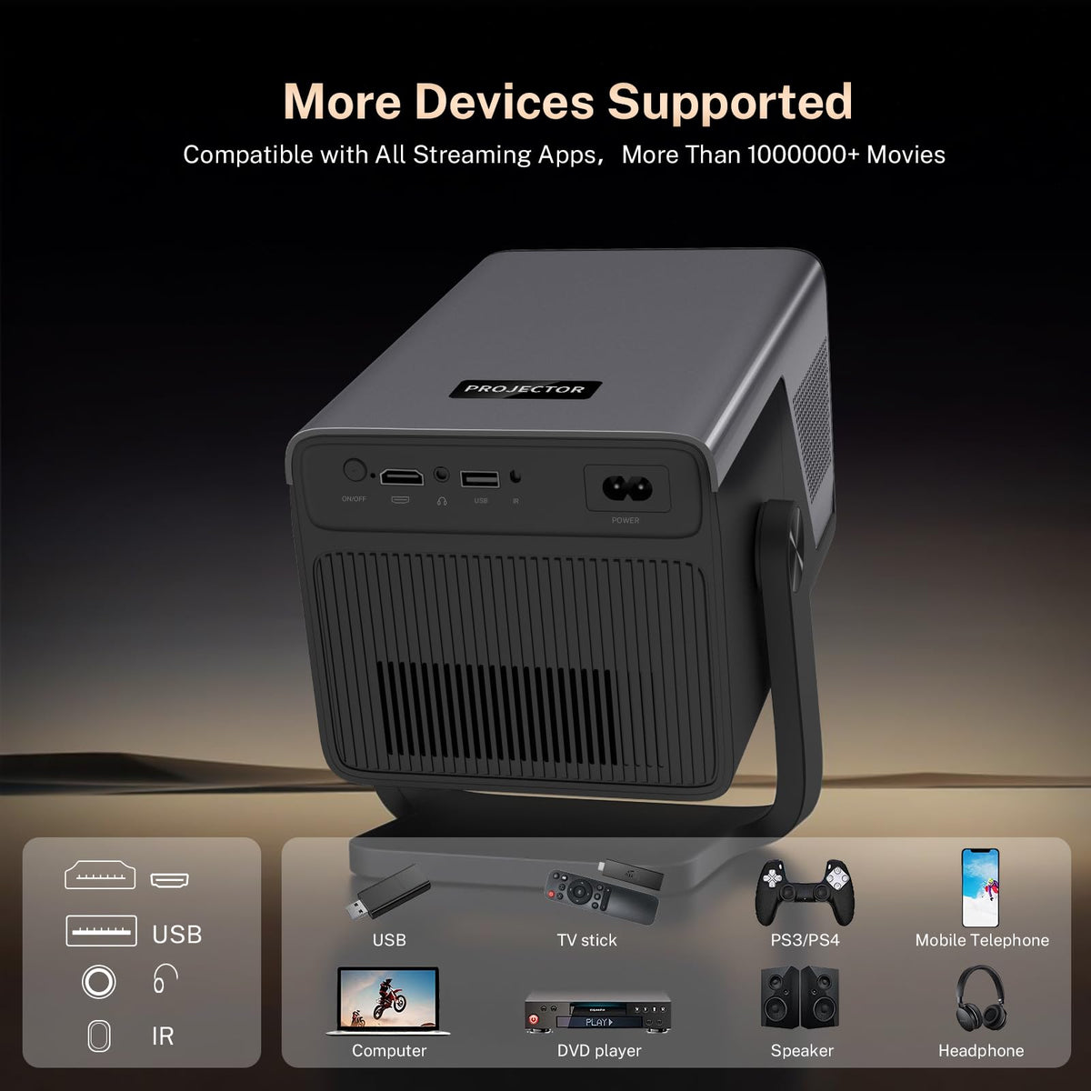 [2000 ANSI/AI Visual Calibration/4K Support] X7 Native 1080P Smart Projector with Android 14 OS, Portable Movie Projector for Bedroom & Outdoor, AI Auto Focus & Keystone Black & Slate Gray Sliver