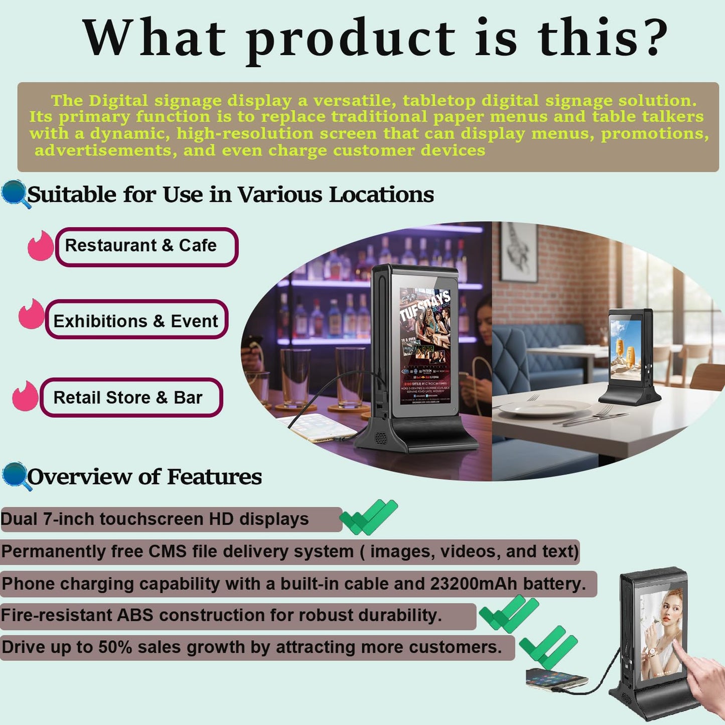 LCD Digital Signage Displayled for Businesses, Electronic Menu Board Double Touch Screen with WiFi Connection,Advertising Display High-Capacity Portable Charging for Bars, Hotels, Public Areas (Black)