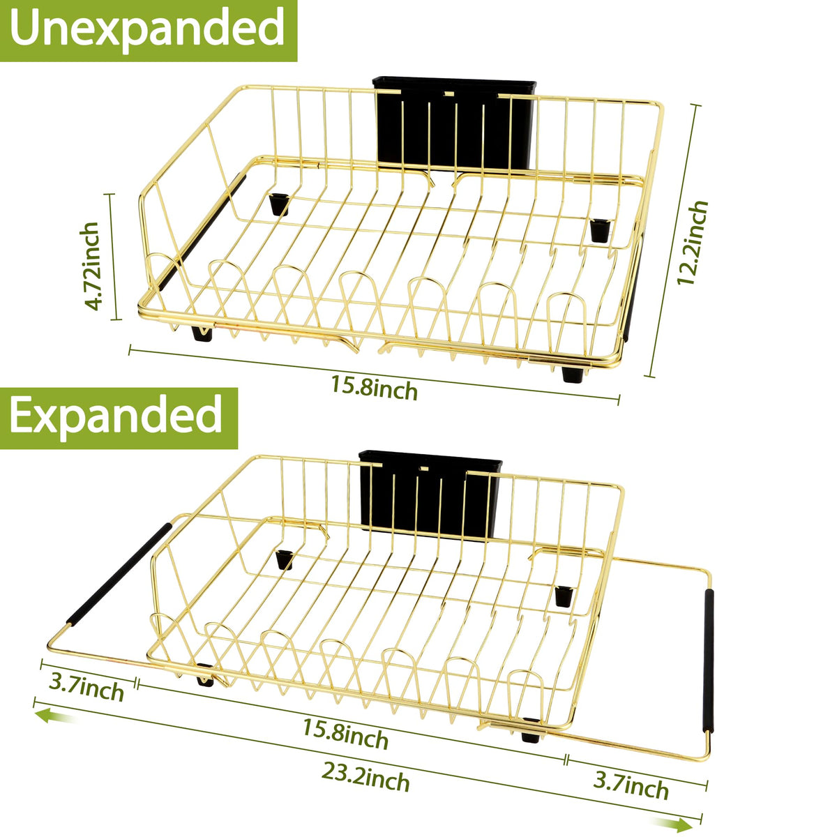 HAYAWEY Golden Expandable Dish Drying Rack-Extra Large Stainless Steel Dish Drainer Over The Sink for Kitchen Countertop with Utensil Holder, Applicable for Sink Width 16'-22' (Gold,23.2'*12.2')