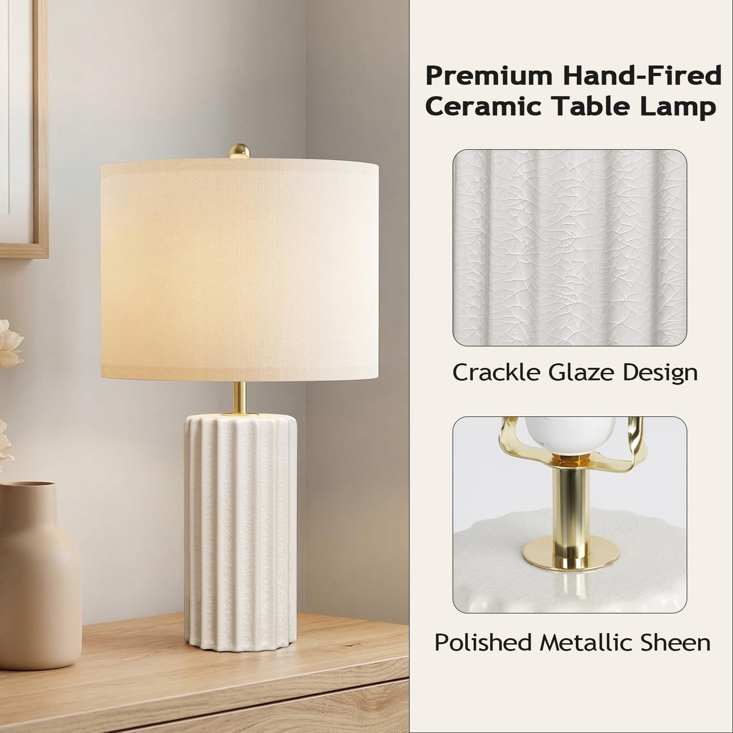 Lumspax 21" Modern Ceramic Table Lamp Set of 2 for Bedroom, Touch Control White Desk Lamps for Living Room, Farmhouse Bedside Lamps for Nightstand, End Table Lamps for Dorm Beige, Bulbs Not Included