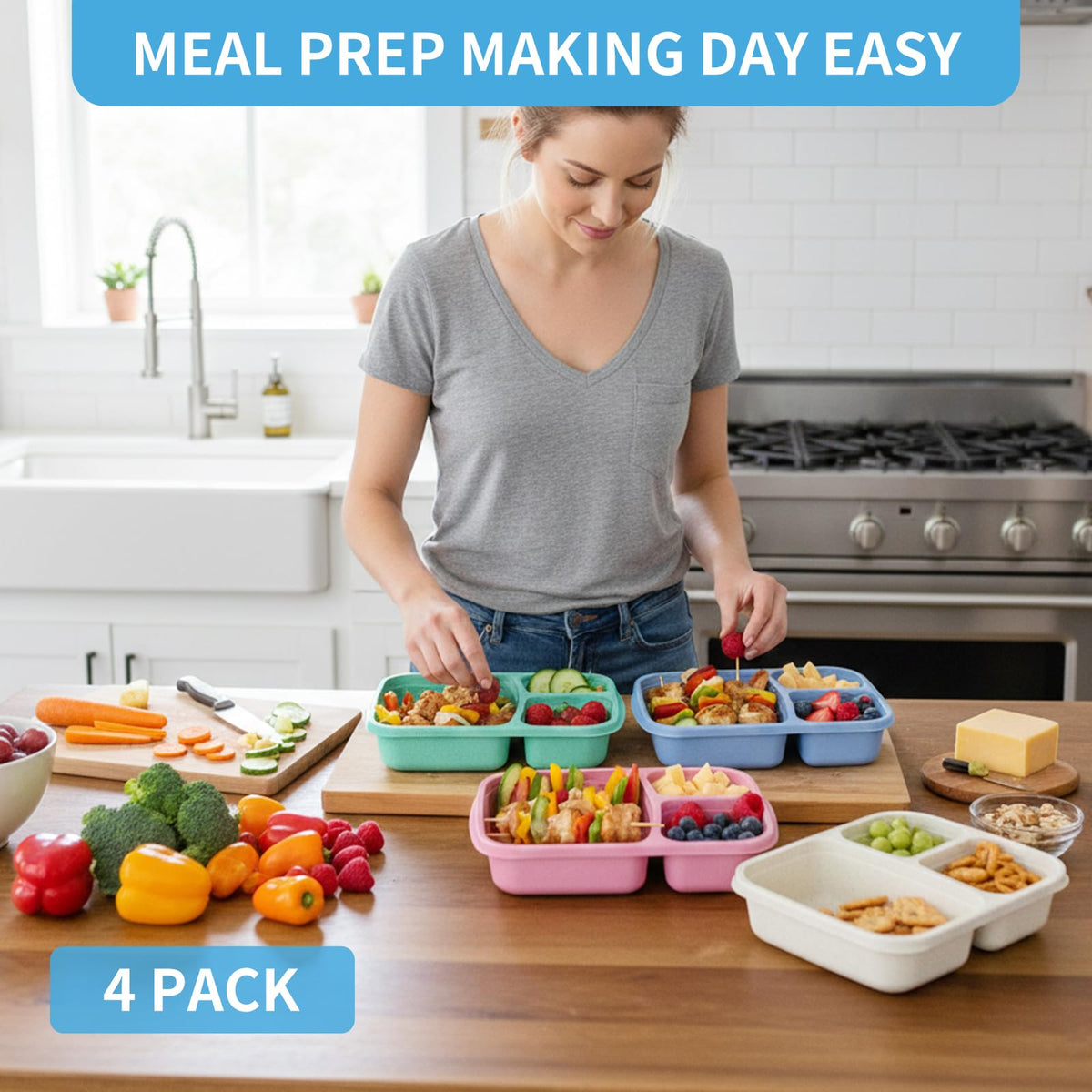 Orivastine 4 Pack Bento Lunch Box Set, 3 Compartment Leakproof Stackable Food Containers, Reusable Wheat Straw Lunch Boxes for Adults Work and Travel