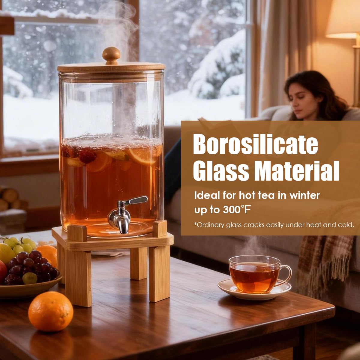 2.3 Gallon Large Glass Drink Dispenser for Parties, Glass Beverage Dispenser with Wood Stand, Juice & Lemonade Dispenser, Iced Beverage Dispenser with Spigot, Water Dispenser for Party with lid