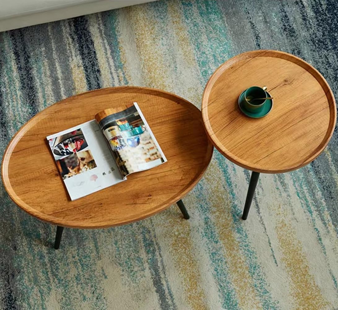 Wooden Coffee Table Rustic Nesting Tables Oval Walnut Coffee Table Modern Sofa Table End Tables for Living Room Home Office Coffee Shop (23.6“ Size)