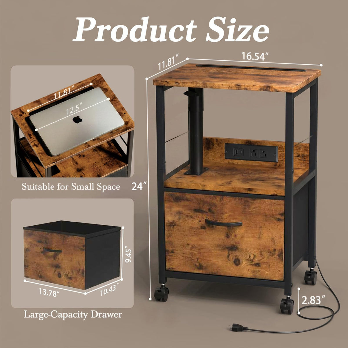 Faesun Swivel Lift Top Nightstand with Charging Station, Rolling Side Table for Recliner, Bedside Table with Wheels & a Fabric Drawer, for Small Spaces, for Bedroom, Living Room, Brown