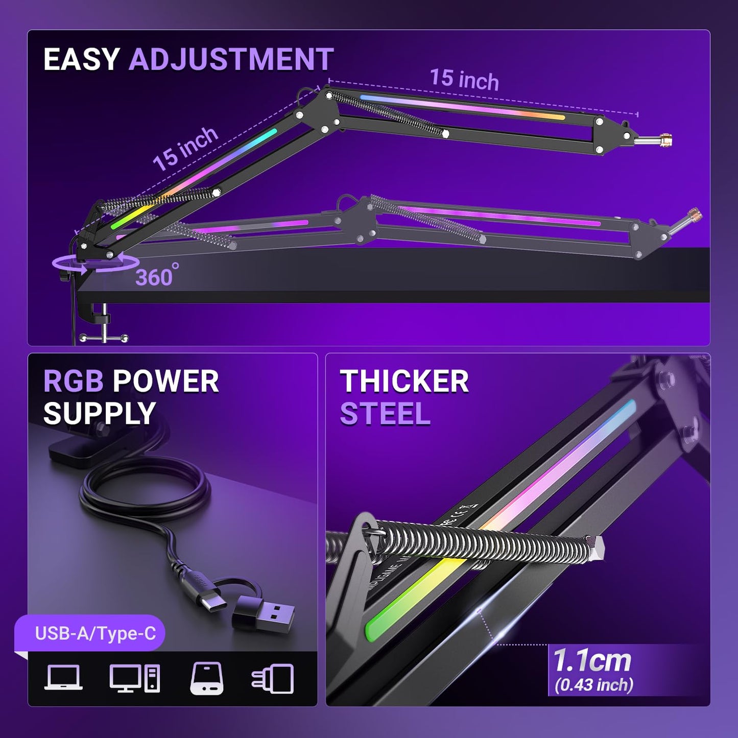 FIFINE Microphone Boom Arm, Metal Adjustable Mic Arm Stand with RGB Control, 3/8” to 5/8” Screw Adapter, Desk Mount Clamp, Suspension Scissor Mic Stand for Gaming Streaming Podcast-AmpliGame BM38