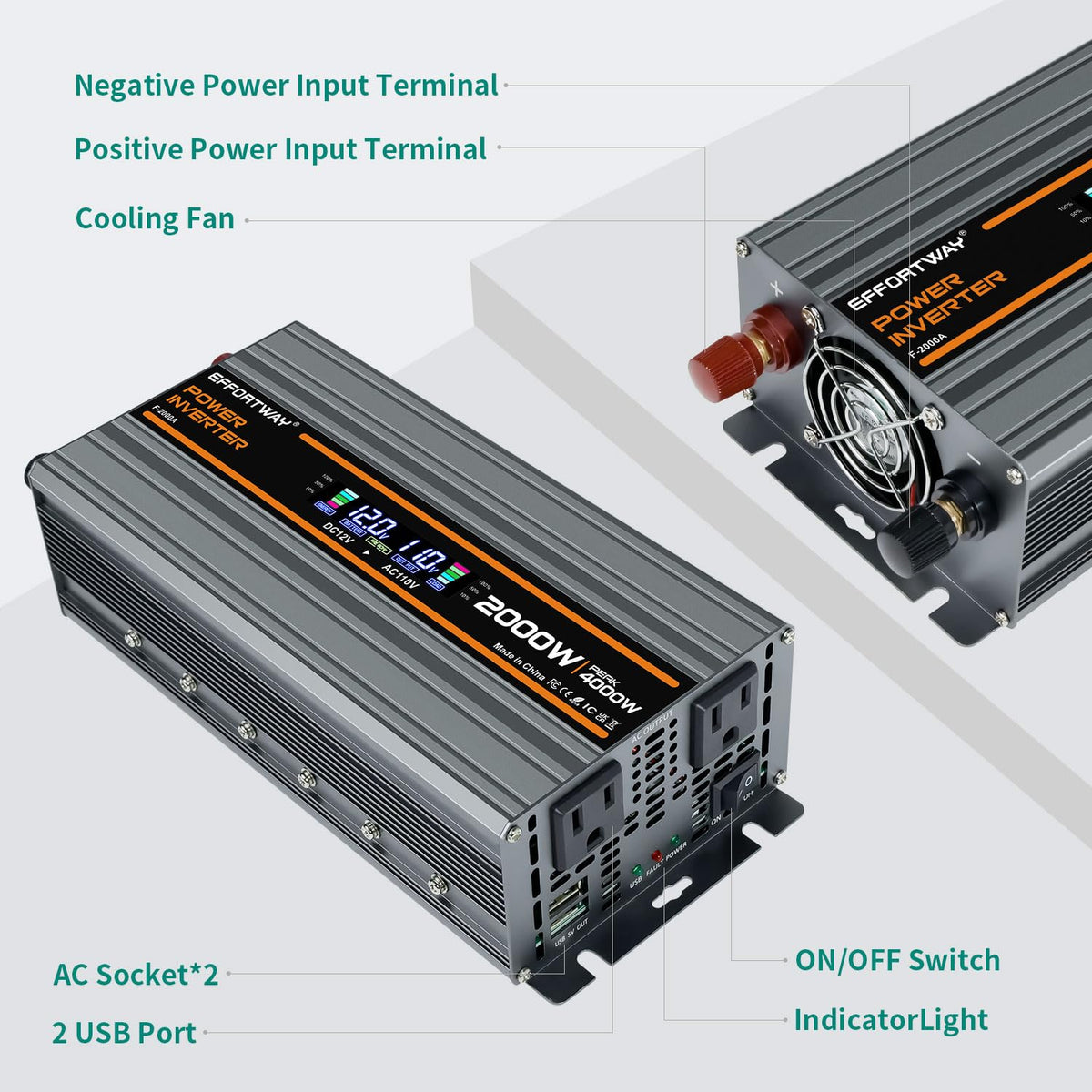 EFFORTWAY 2000W Power Inverter 4000W (Peak). 12V DC to 110V/120V AC Converter with LCD Display, 2 AC outlets, 2 USB, 2000w Inverter for Camping RV Travel Outdoor Truck Off-Grid Solar inverters