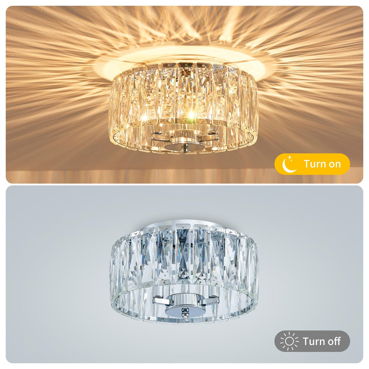 ElegLumi Crystal Ceiling Light, 3-Light Modern Flushmount Ceiling Light for Living Room, Dinning Room Hallway, D12xH9inch, Chrome Finish Frame & K9 Crystal