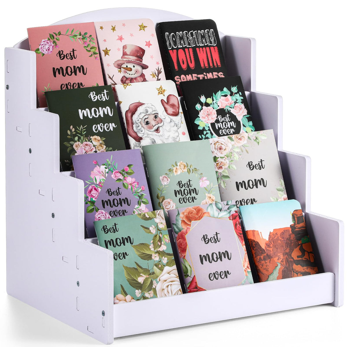 Sunnychicc 1 Pack 4-tiered Greeting Card Display Stand Bookmark Organizer Display Multi Purpose PVC Displaying Rack for Stickers Postcard Love Note Vendors Booth Brochure (13.2 x 12 x 10.2 Inch,White)
